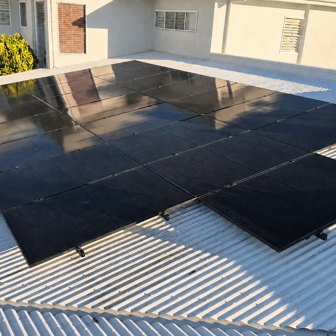 All-black array, low pitch roof