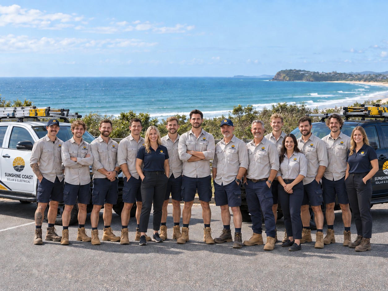 The Sunshine Coast Solar and Electrical installation team with their branded vehicles on the Sunshine Coast
