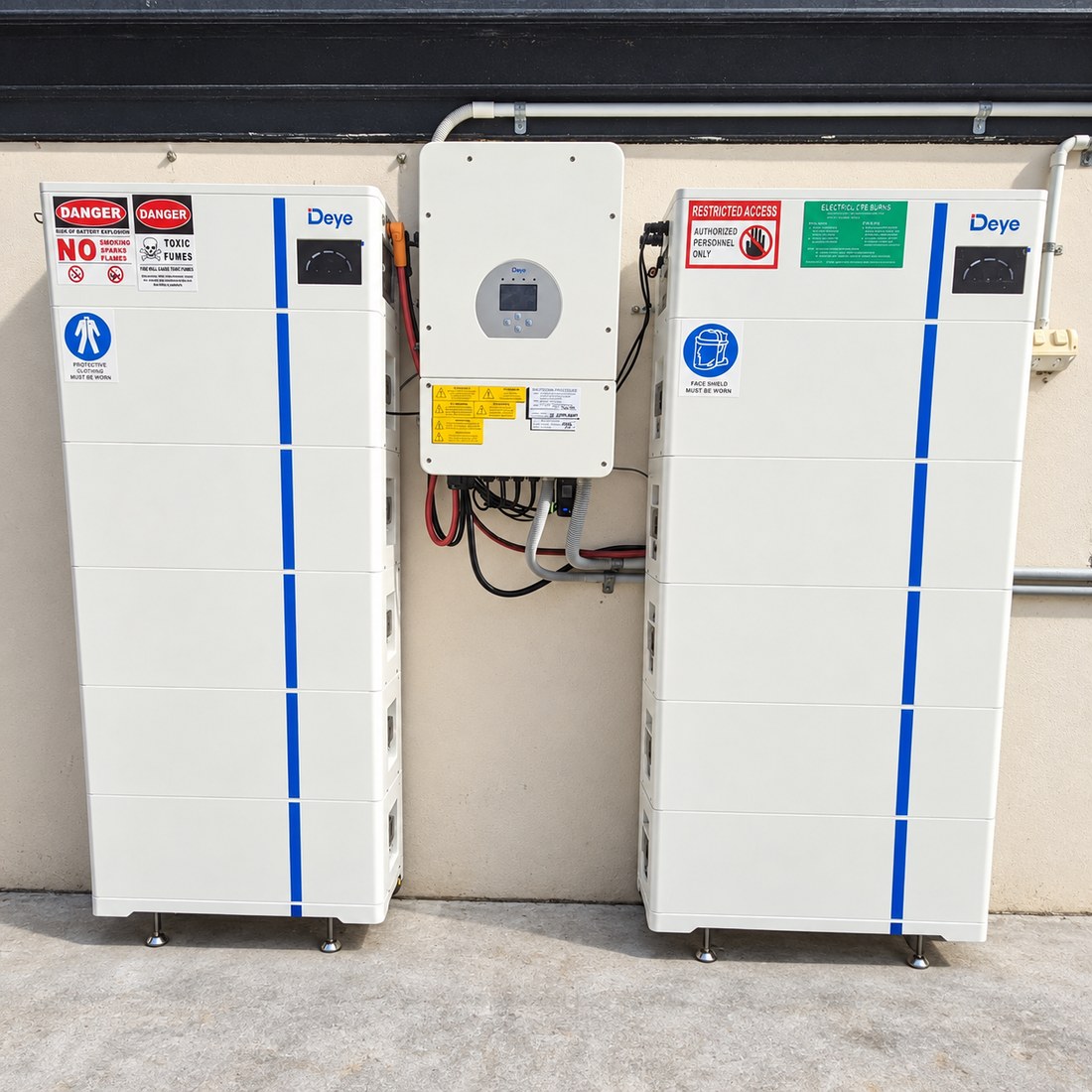 Two Deye battery towers and a Deye hybrid inverter installed by Sunshine Coast Solar and Electrical